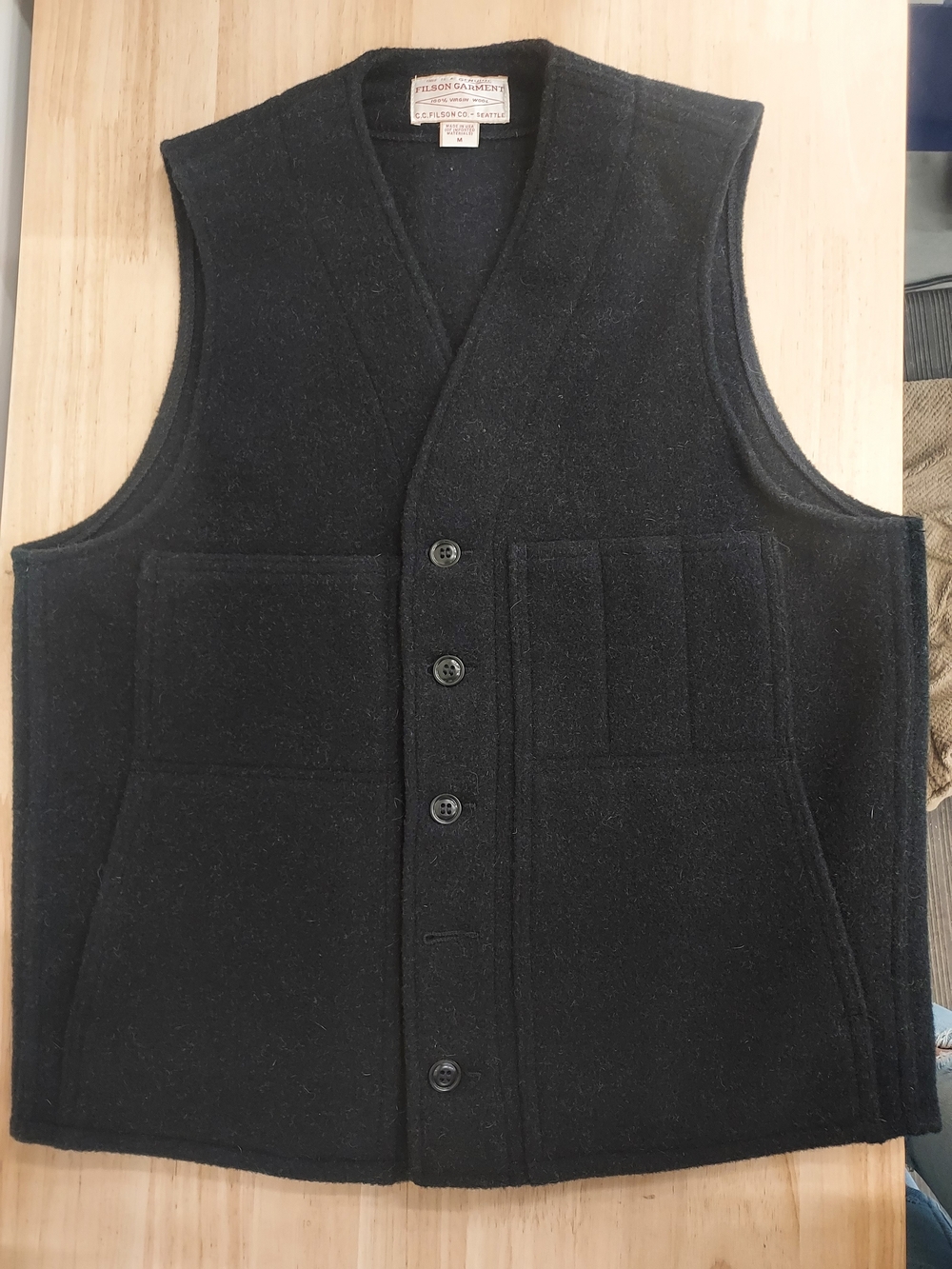 Filson Black Wool Work Vest with Button Front